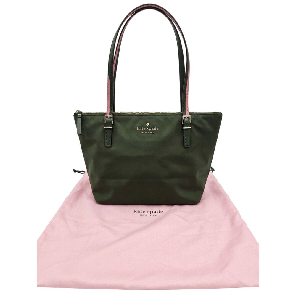 Kate Spade Kitt Large Nylon Tote Olive Green Pink Accent Strap Shoulder Bag